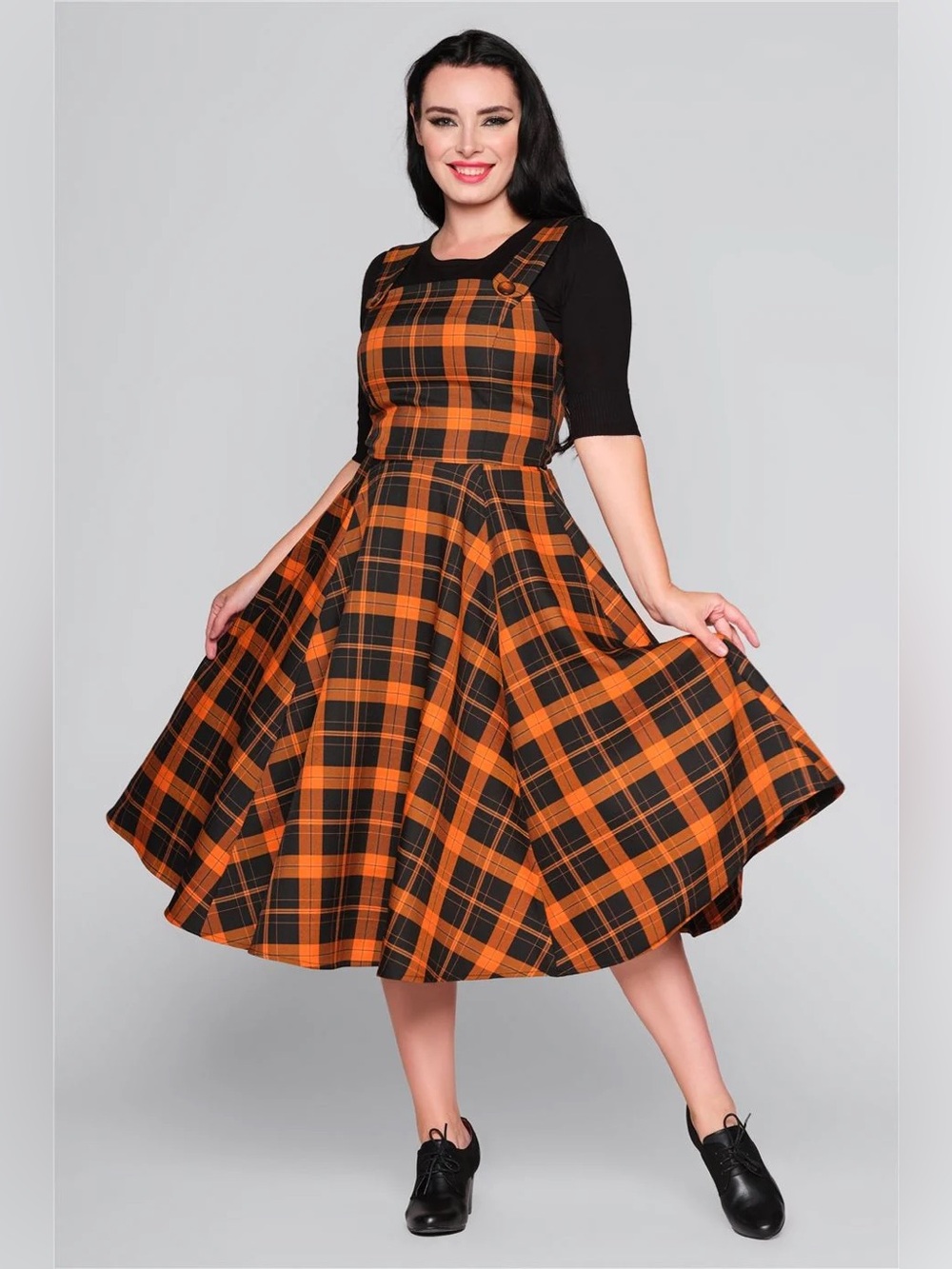 NWT Collectif London Eloise Swing Dress Orange and Black Plaid Pinafore US6 UK10